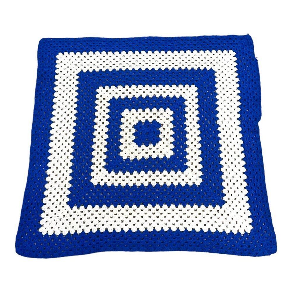 Handmade Blue & White Crochet Granny Square Throw Lap Blanket 35" Crib “READ”